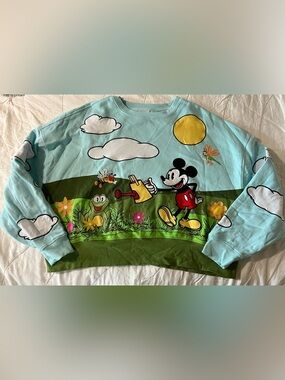 Disney Mickey Mouse Graphic Crop Sweatshirt in Light Blue & Green